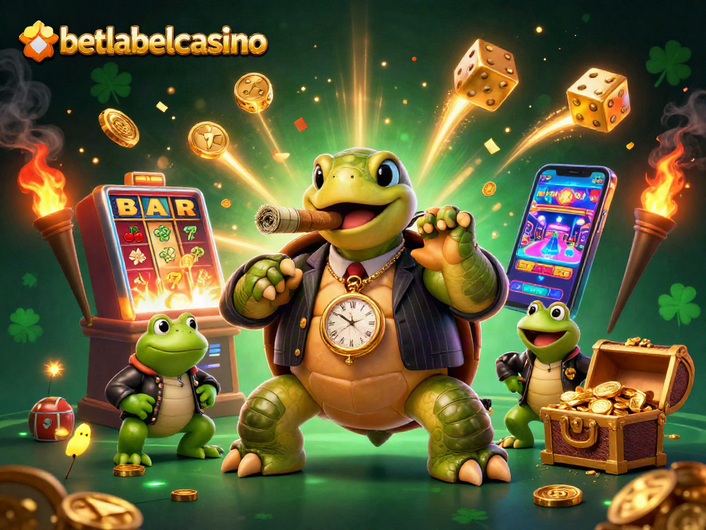 Experience thrilling wins at betlabelcasino with a 3D turtle mobster and frogs amidst dazzling casino games.