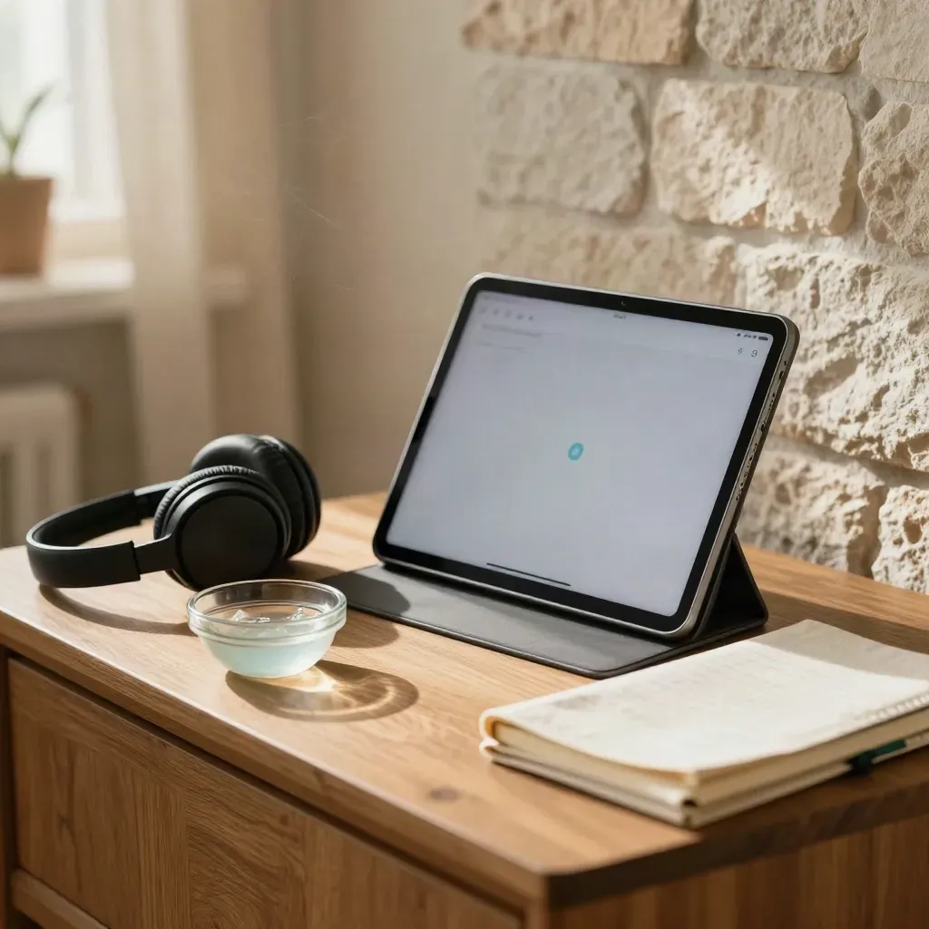 Tableta de videoconsulta encendida, auriculares y gel sobre una mesa cálida de telemedicina.