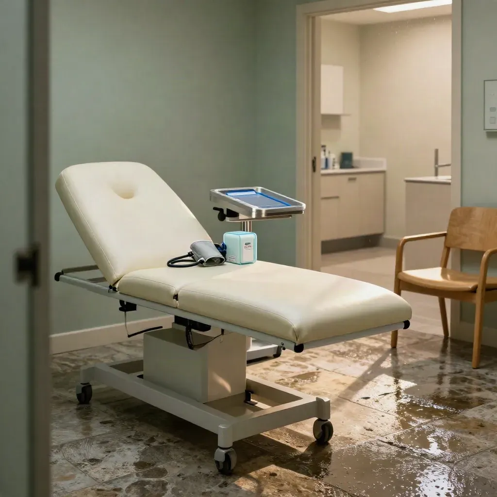 Consulta médica vacía y moderna con camilla, tensiómetro y caja de vacunas en luz matinal.