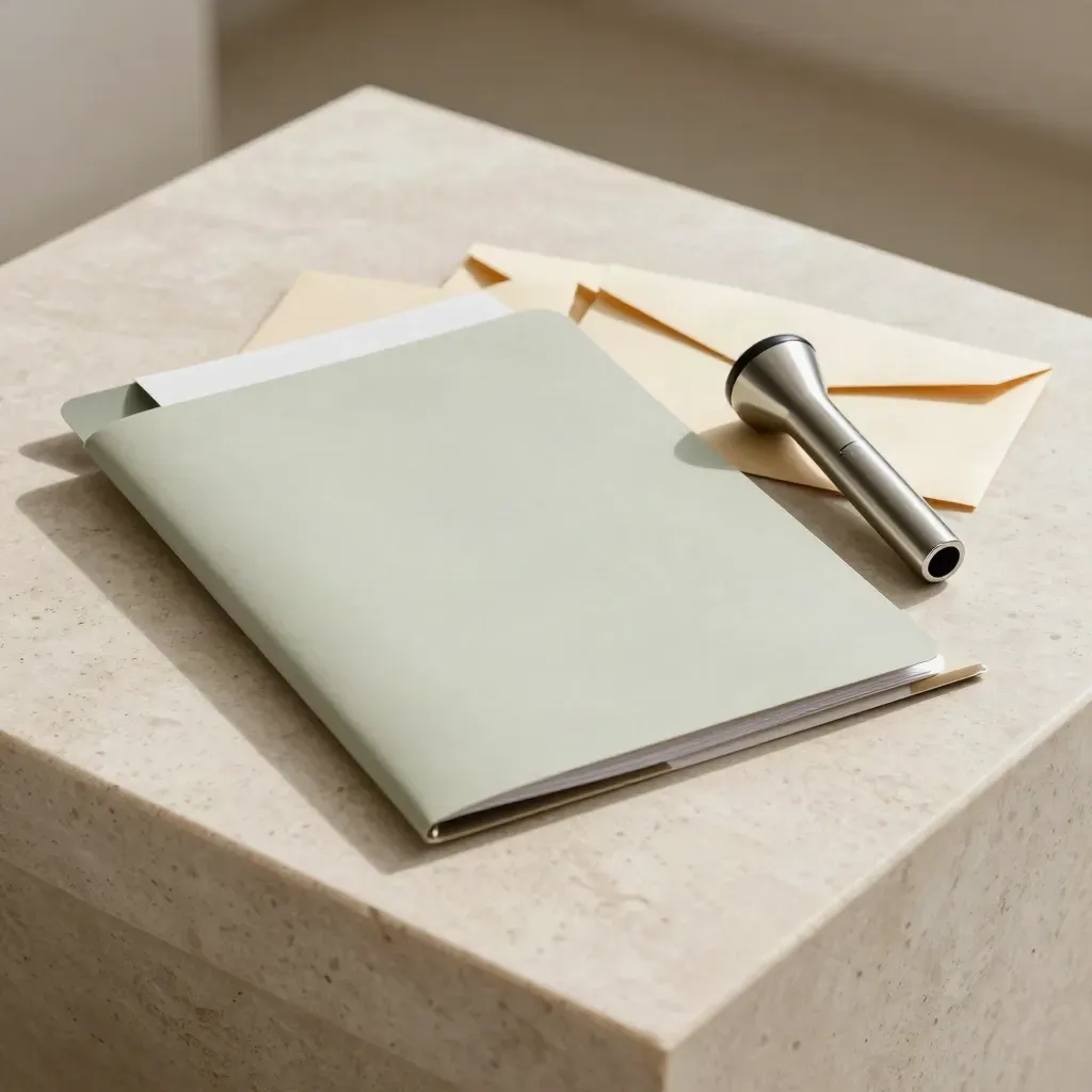 Carpeta clínica cerrada con linterna de examen y sobres neutros sobre piedra travertino.