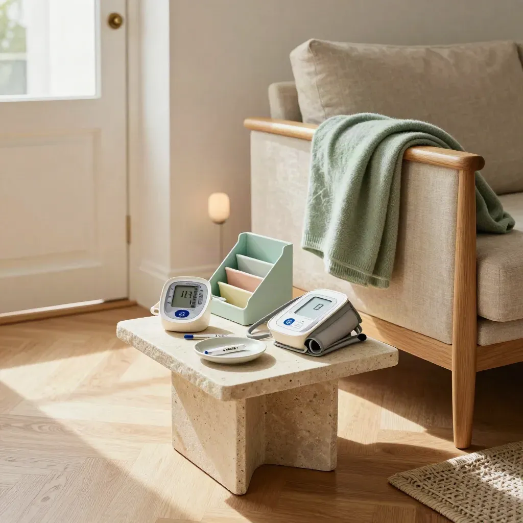 Salón luminoso con tensiómetro, termómetro, organizador semanal y manta verde suave en un sillón.