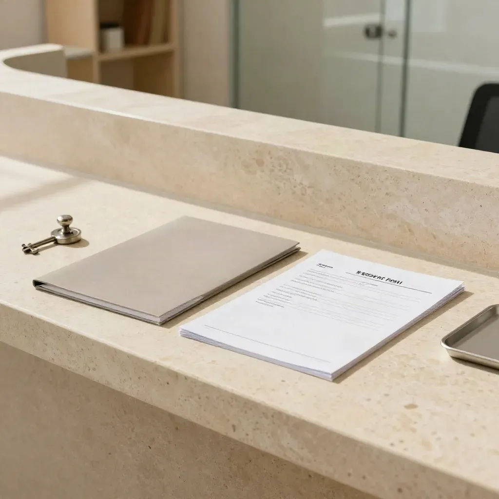 Mesa de recepción vacía con dossier clínico cerrado y sello metálico, lista para una derivación.