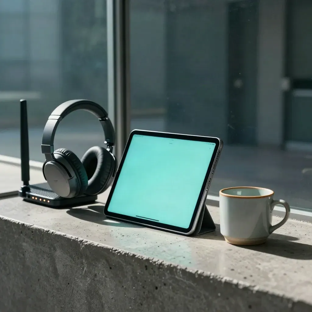 Rincón de teleconsulta con tablet, auriculares, router y taza vacía en un pasillo oscuro