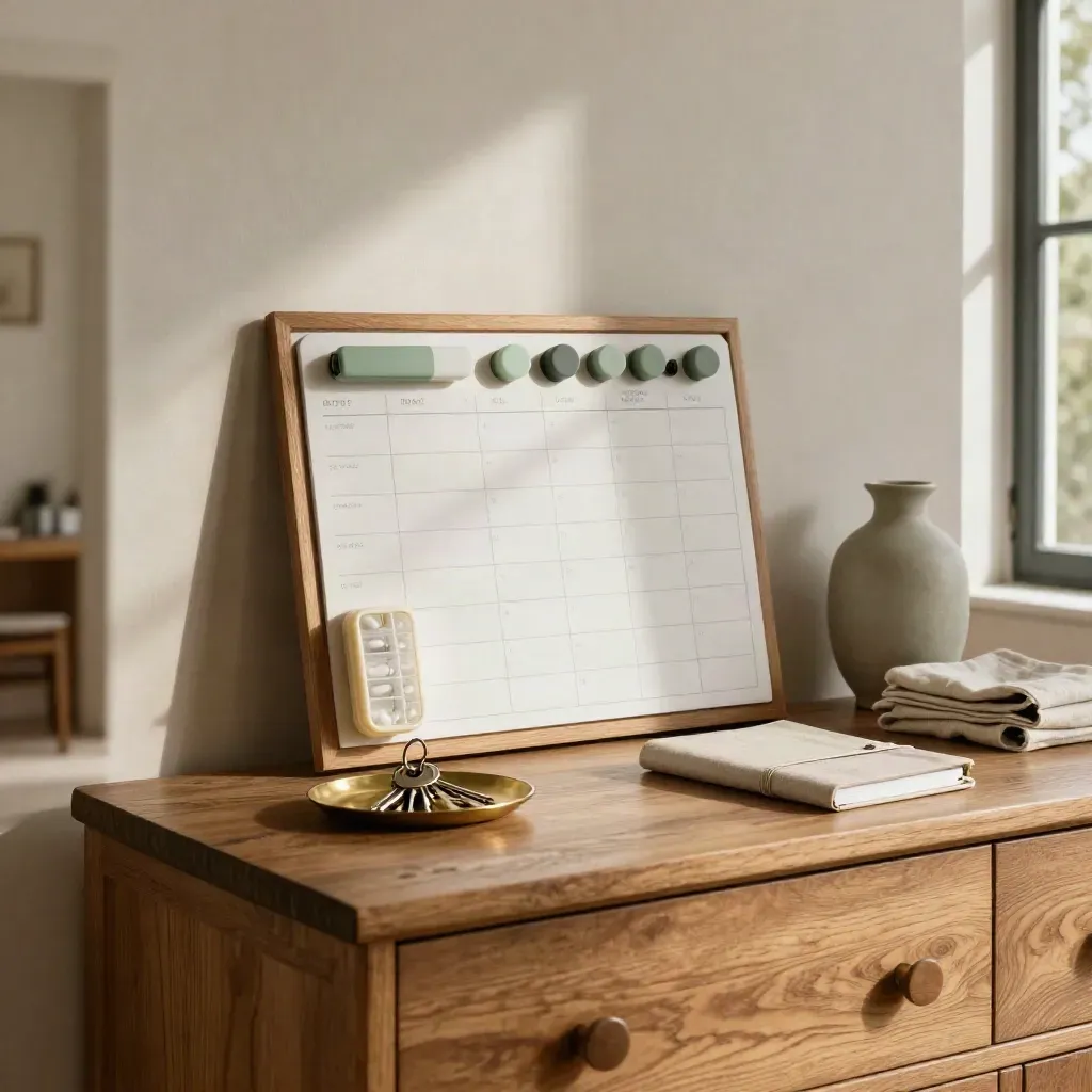 Cómoda con calendario magnético, pastillero, llaves y libreta de citas en luz cálida