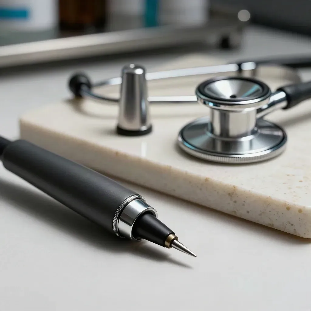 Macro de un otoscopio, una linterna médica y la campana de un estetoscopio sobre travertino clínico.