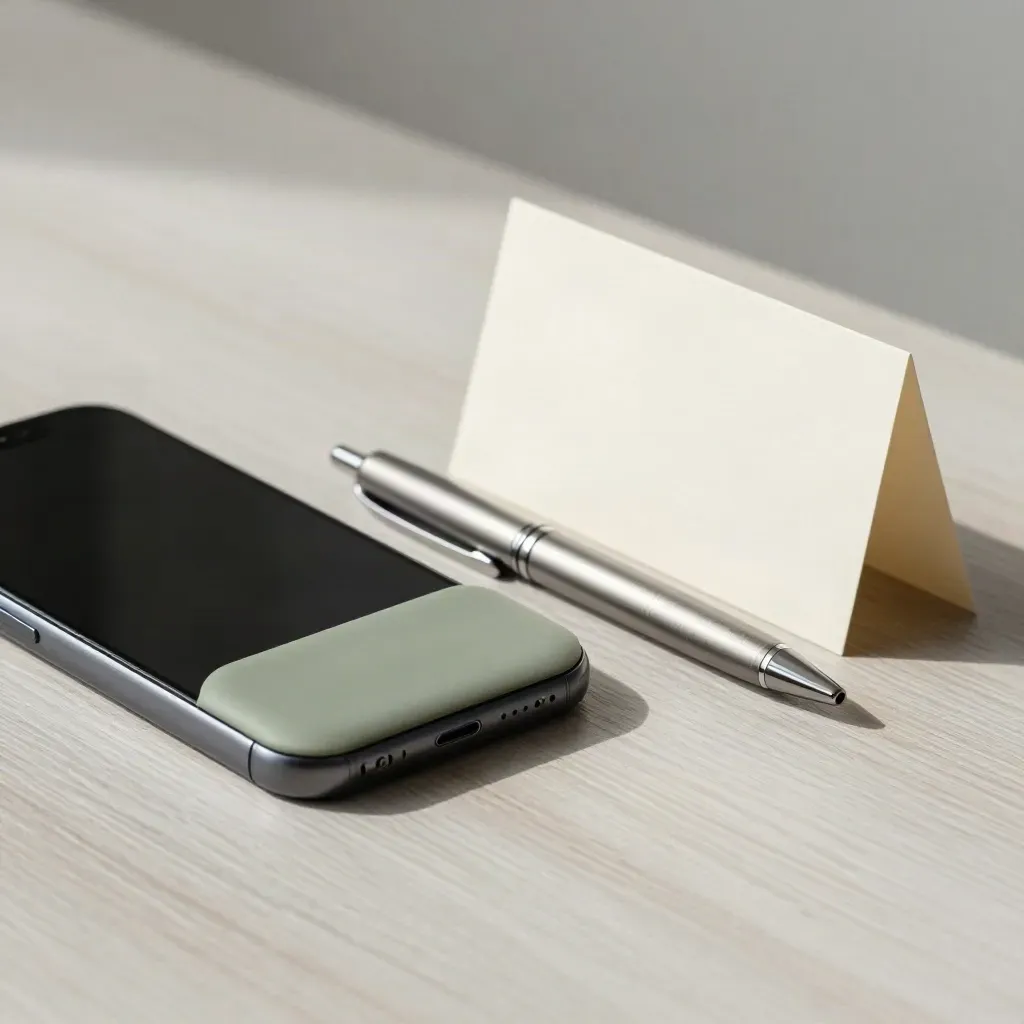Smartphone apagado, llavero de acceso y bolígrafo metálico sobre madera clara.
