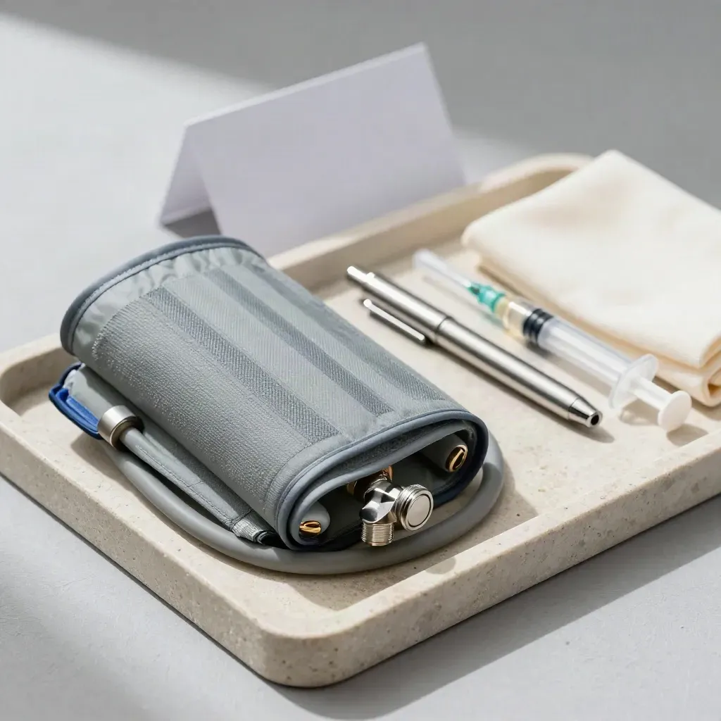Kit médico con manguito de presión, linterna y jeringa sellada sobre bandeja de piedra.