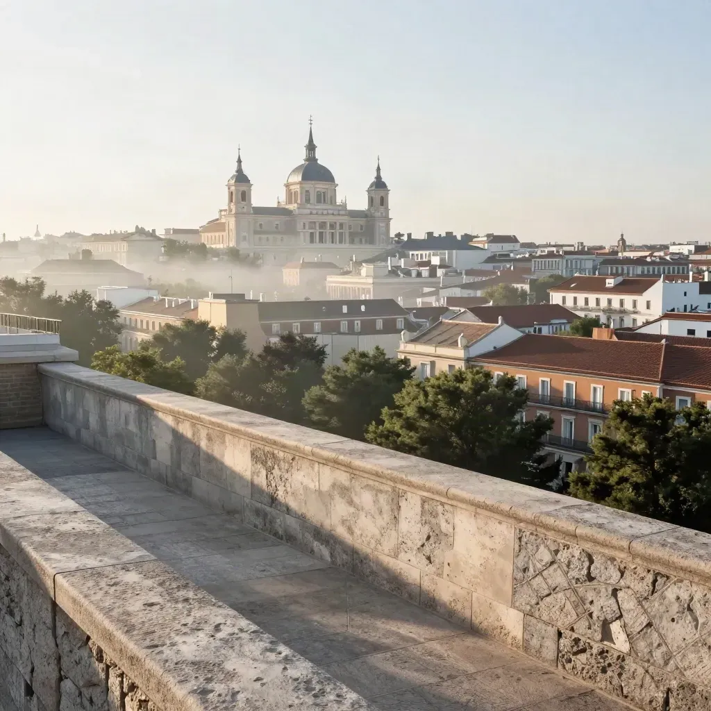 Panorama de Madrid al amanecer con terrazas de piedra, árboles y bruma suave.