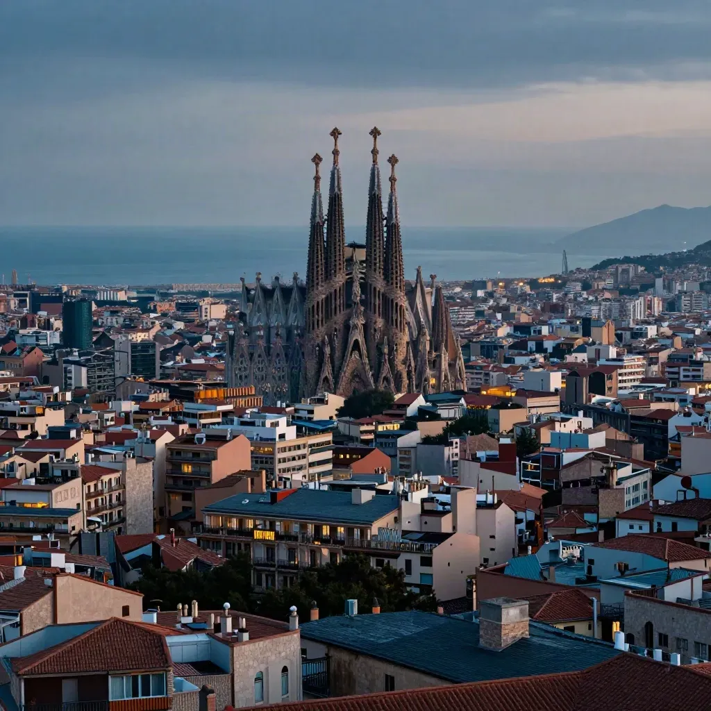 Barcelona al anochecer con la Sagrada Família sobre tejados en bruma marina