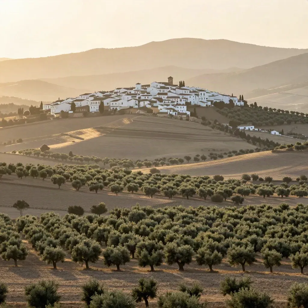 Valle andaluz con olivos, ladera blanca y un pueblo alto bajo luz cálida.