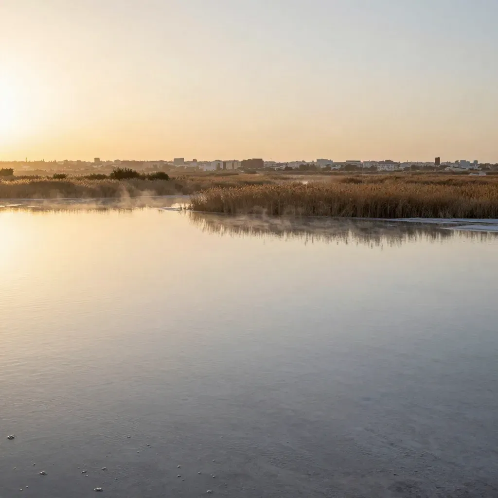 L’Albufera al atardecer con carrizales, agua calma y skyline lejano
