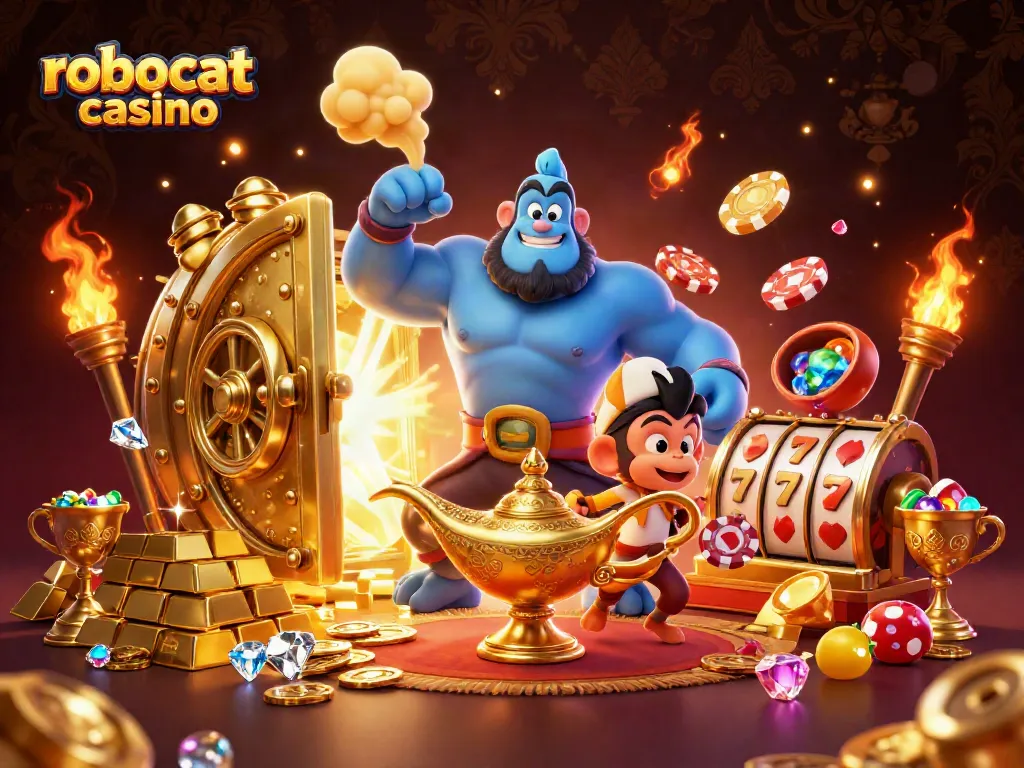 Engage in the thrill of gaming at robocat casino with this vibrant 3D scene featuring a genie, treasure, and slot elements.
