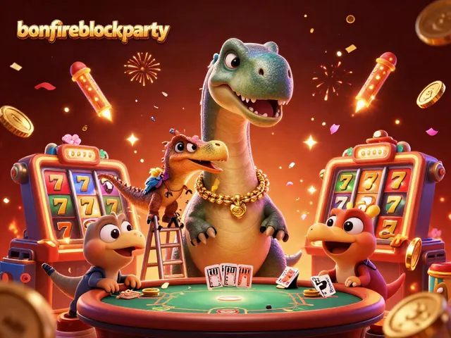 Engage with bonfireblockparty's vibrant 3D casino scene featuring festive slot reels and festive characters.