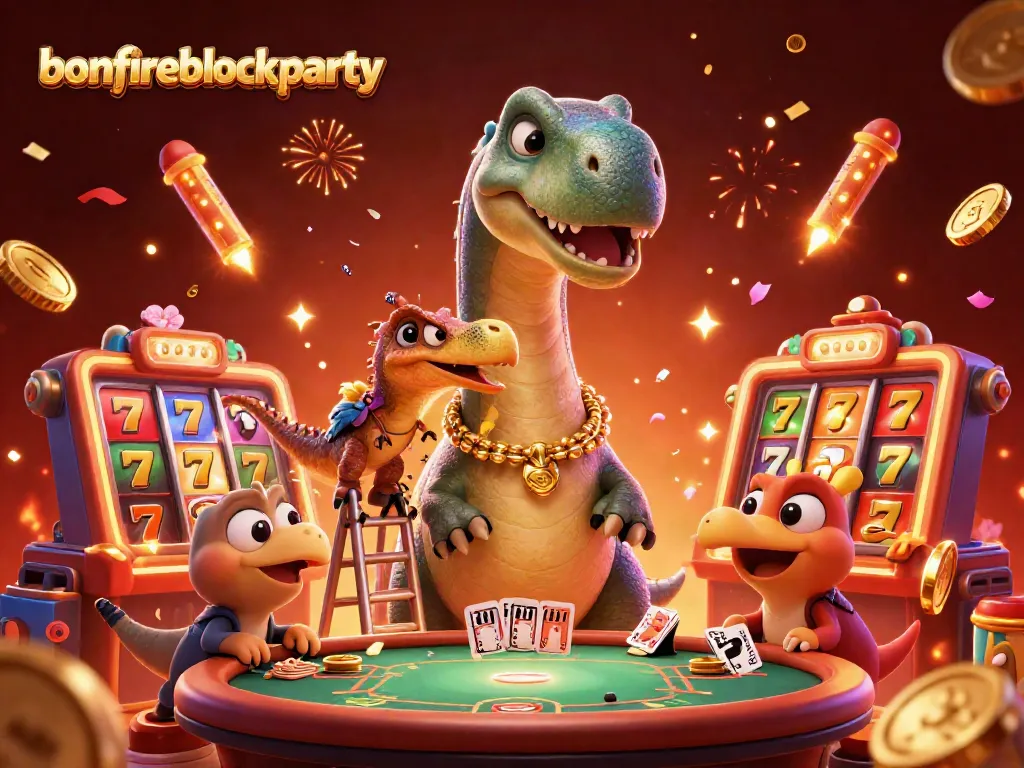 Engage with bonfireblockparty's vibrant 3D casino scene featuring festive slot reels and festive characters.